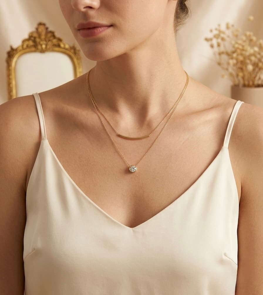 Femme portant le Pendentif Lune en acier doré