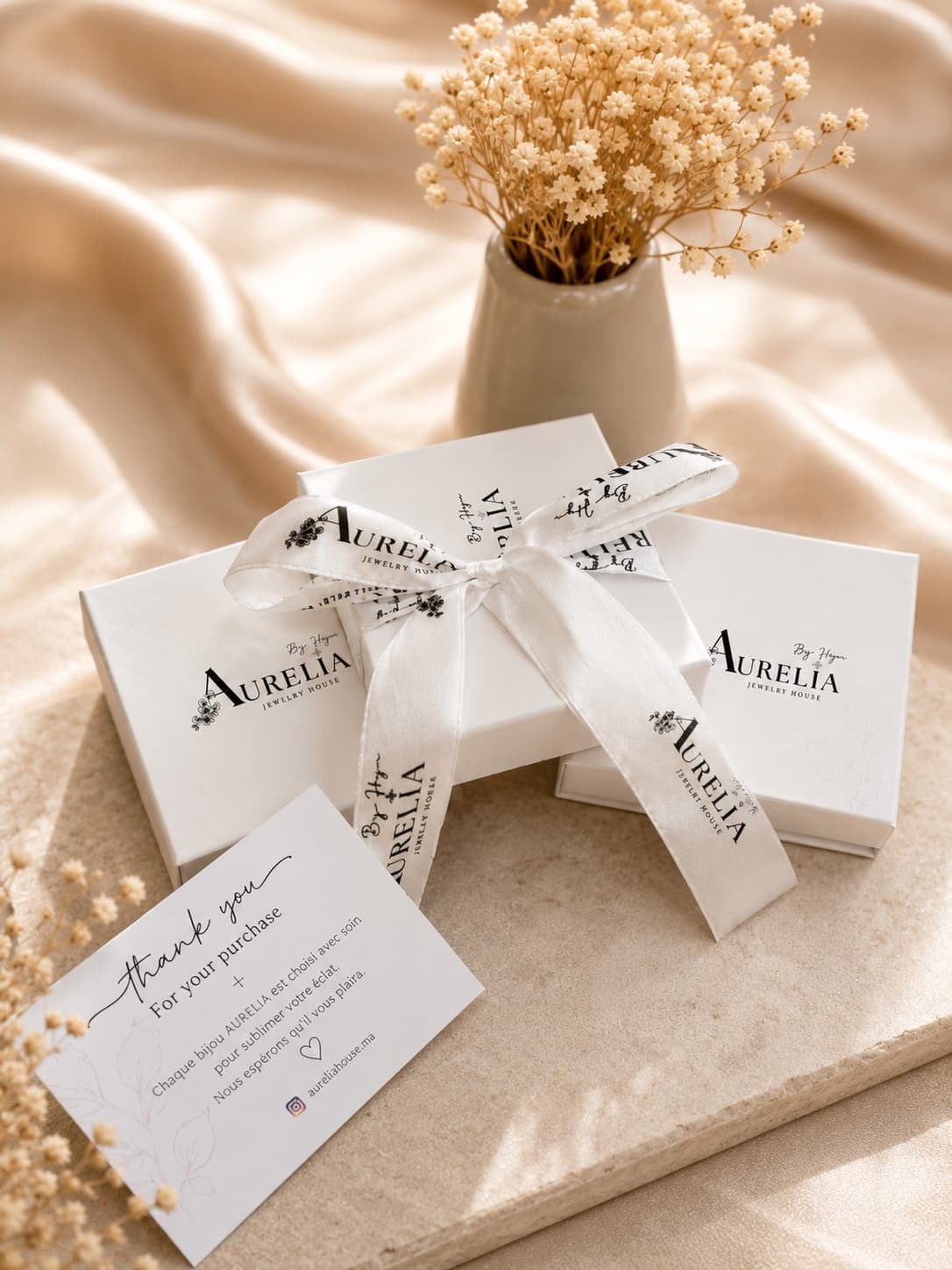 Boîtes cadeau Aurelia avec ruban et carte de remerciement