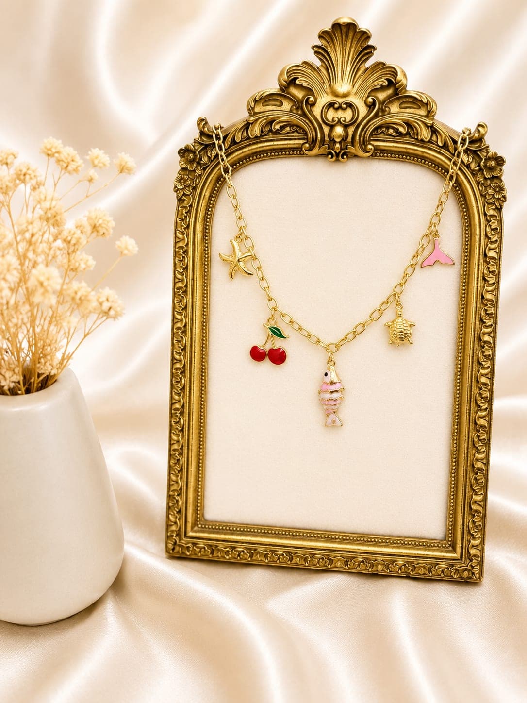 Collier Charms Cerises Tortue Poisson Dore — bijou en acier inoxydable, Aurelia Jewelry House