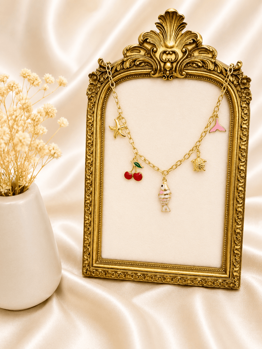 Collier Charms Cerises Tortue Poisson Dore