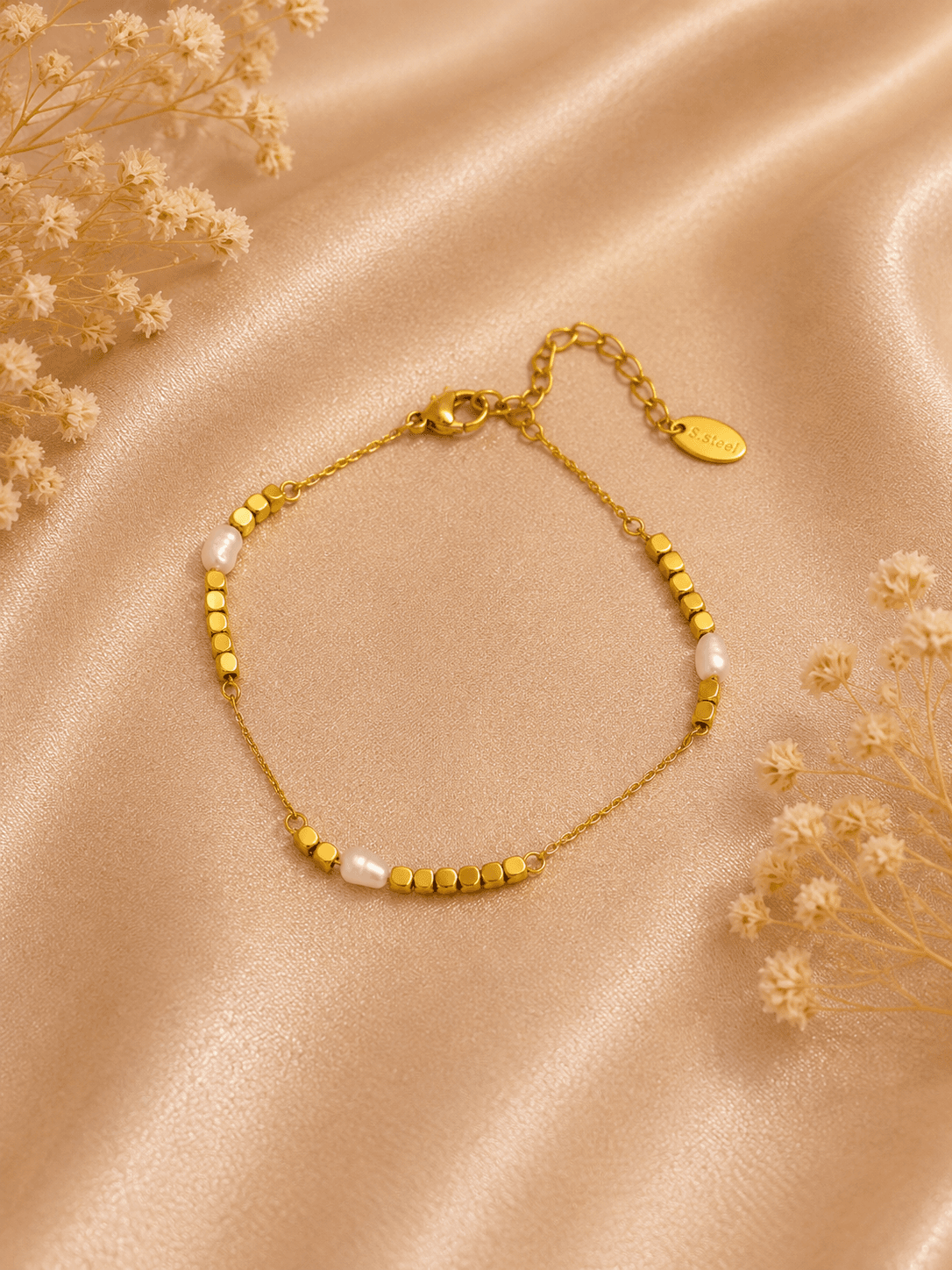 Bracelet Chaine Perles Naturelles Dore