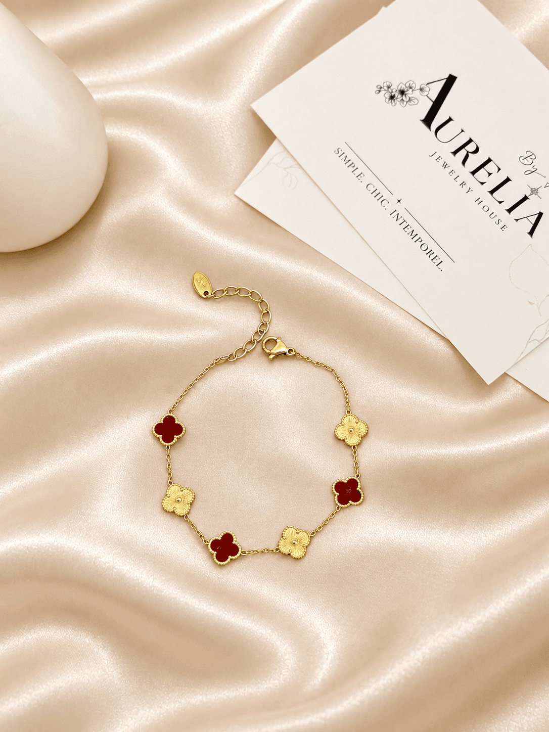 Bracelet Trefles Onyx Rouge Dore — bijou en acier inoxydable, Aurelia Jewelry House