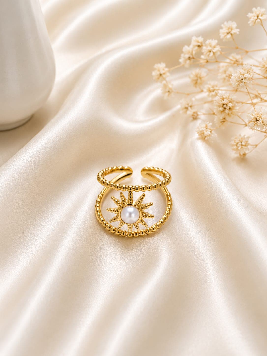 Bague Soleil Perle Doree — bijou en acier inoxydable, Aurelia Jewelry House