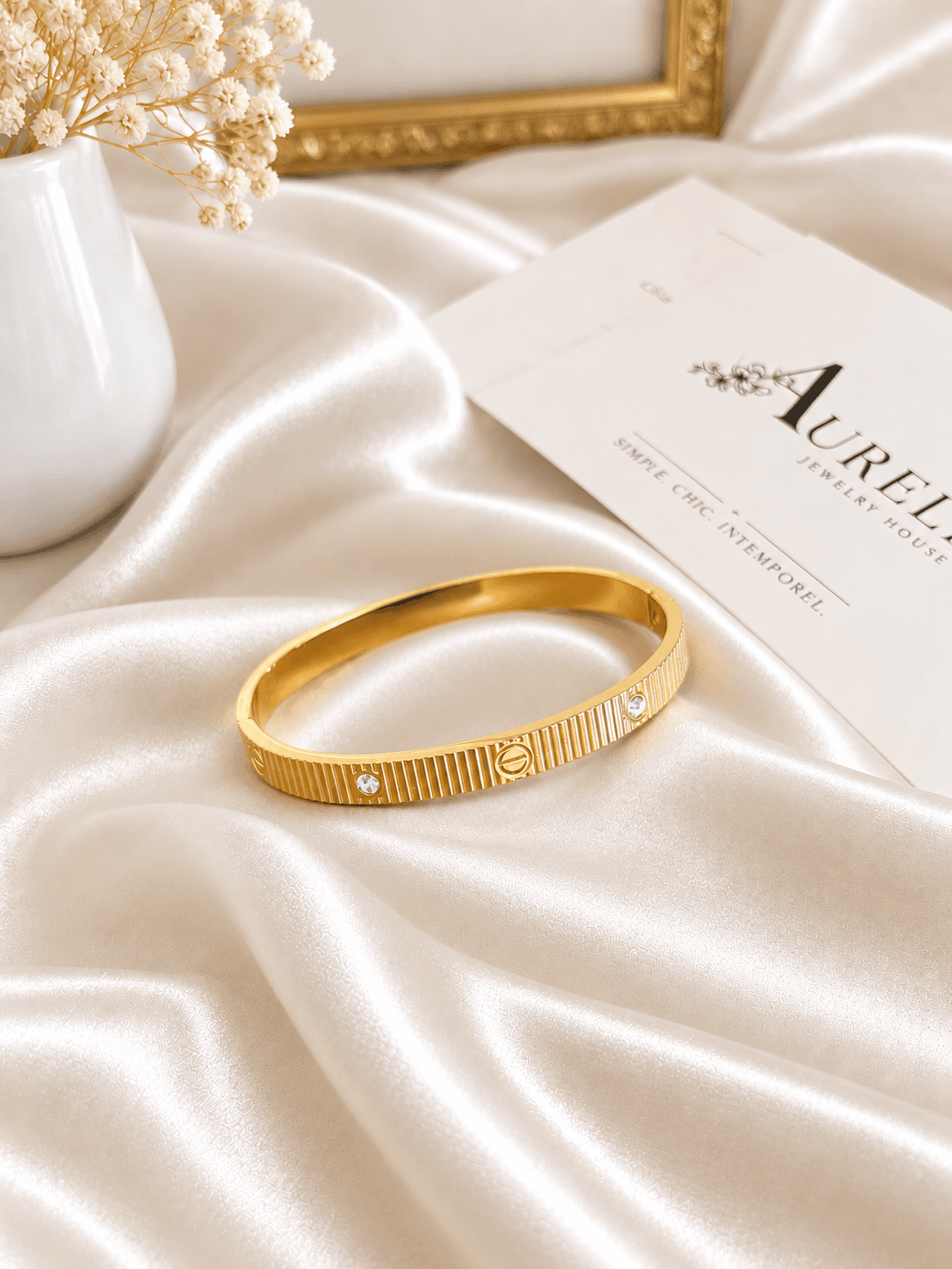 Bracelet Jonc Cannele Vis Cristal Dore — bijou en acier inoxydable, Aurelia Jewelry House