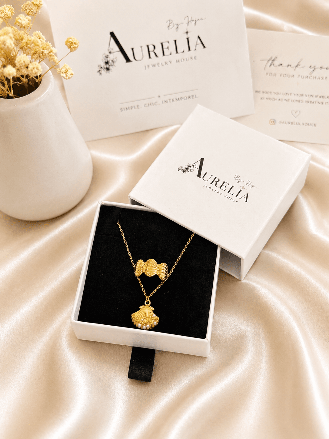 Parure Coquillage Eventail Perles Doree — bijou en acier inoxydable, Aurelia Jewelry House