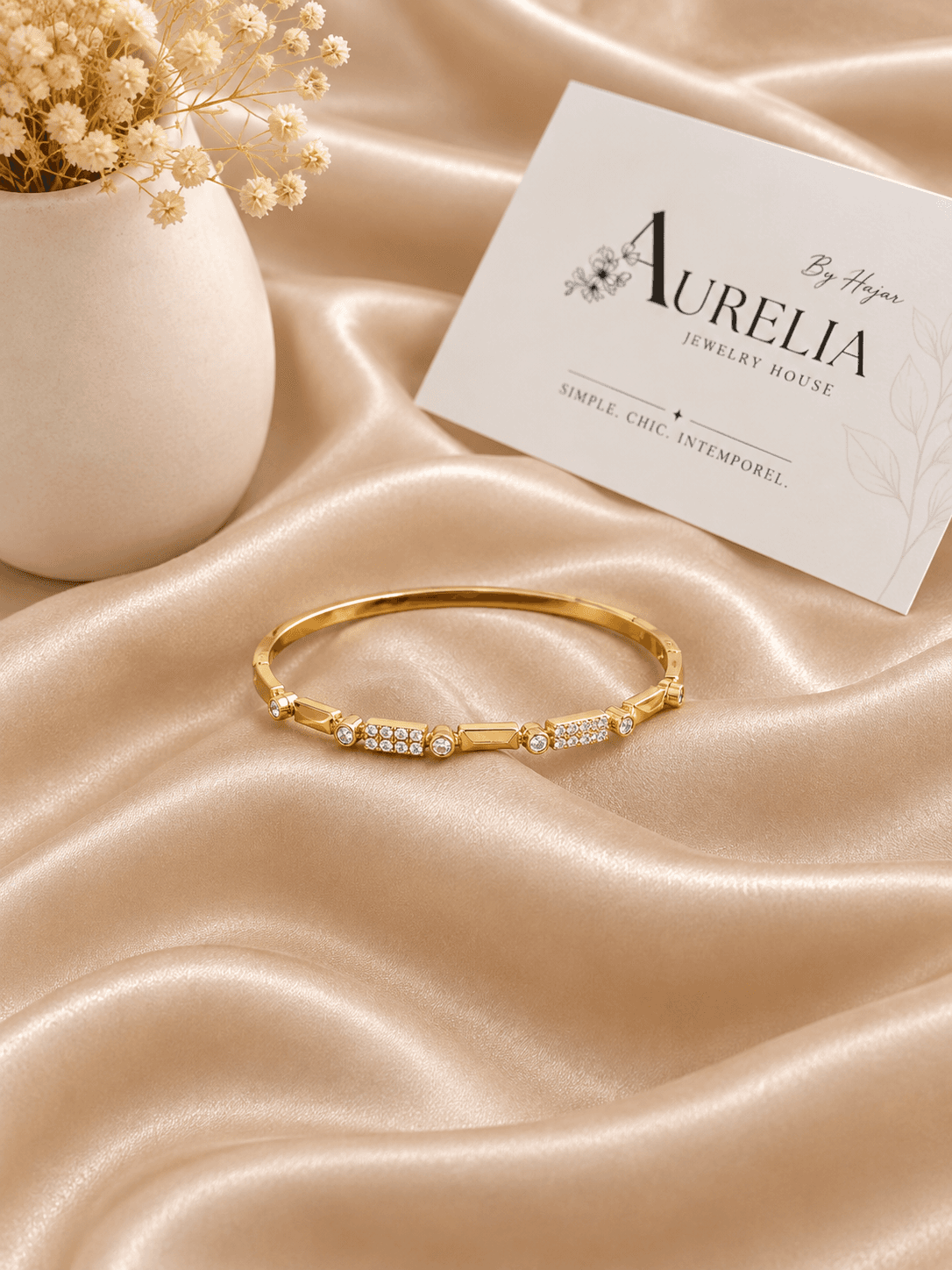 Bracelet Jonc Geometrique Cristal Dore — bijou en acier inoxydable, Aurelia Jewelry House