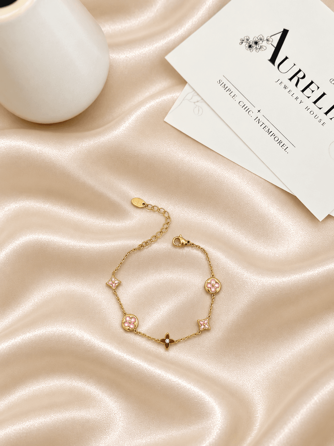 Bracelet Fleurs Email Rose Dore — bijou en acier inoxydable, Aurelia Jewelry House