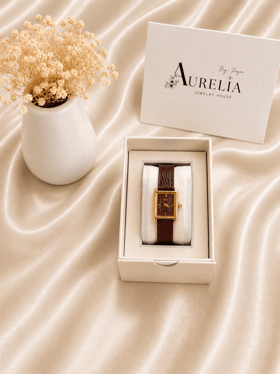Montre Rectangle Doree Bracelet Cuir Bordeaux