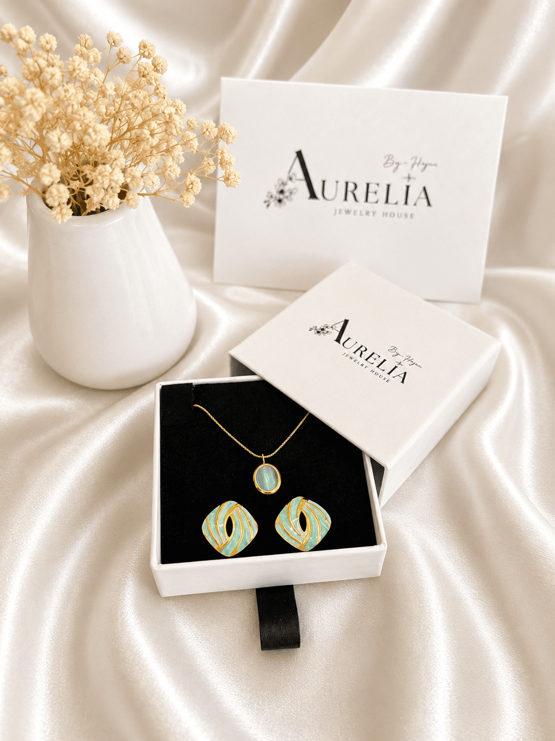 Parure Collier Boucles Ovale Email Vert Doree
