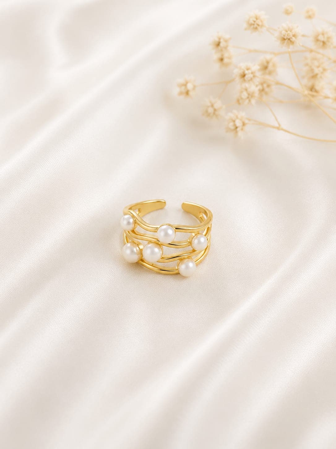 Bague Triple Anneau Perles Doree — bijou en acier inoxydable, Aurelia Jewelry House