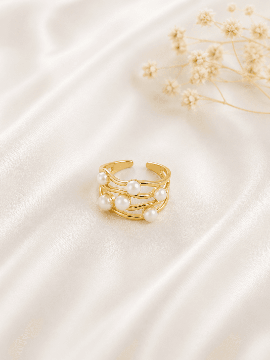 Bague Triple Anneau Perles Doree
