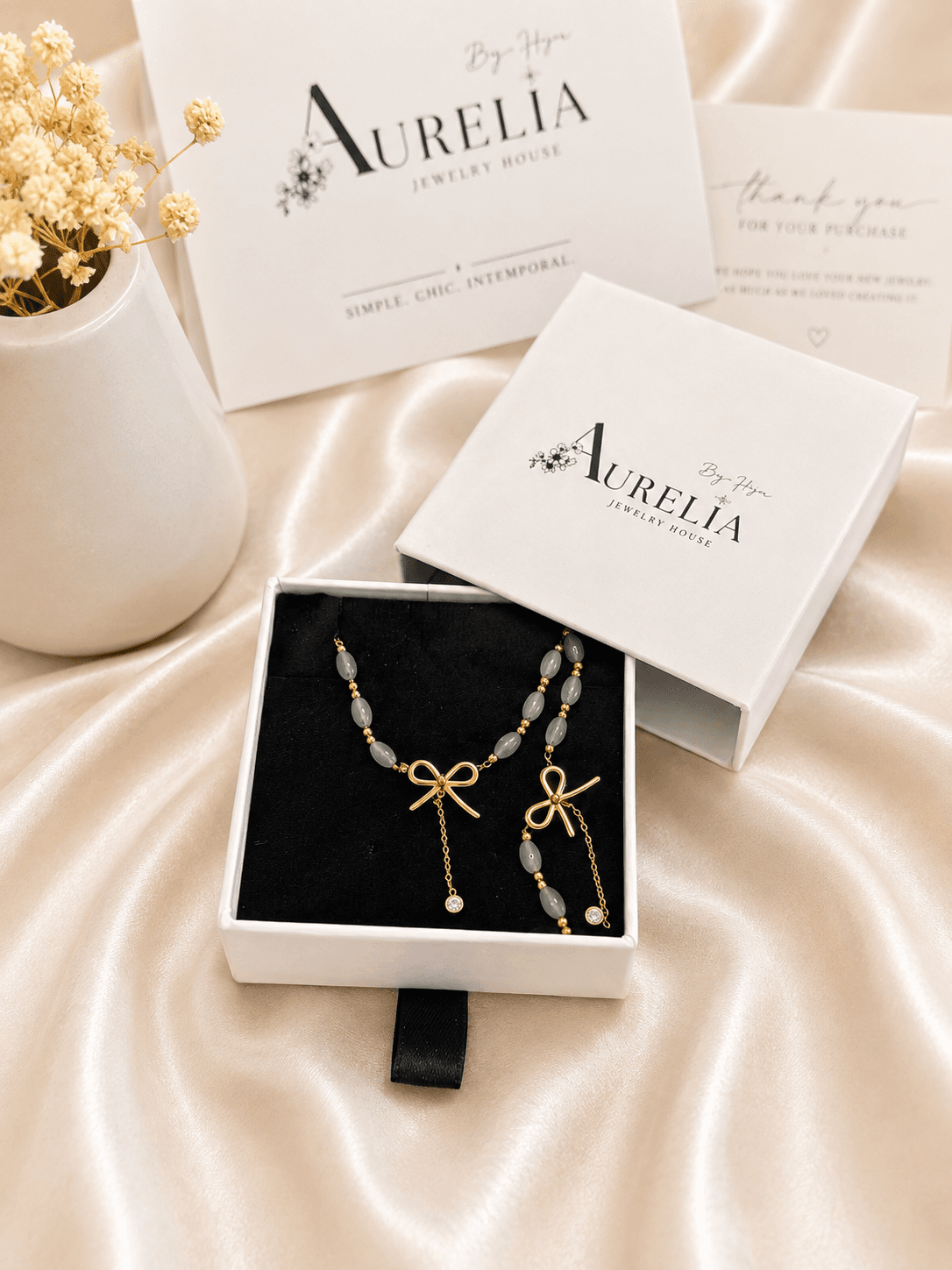 Parure Noeud Perles Vertes Doree — bijou en acier inoxydable, Aurelia Jewelry House