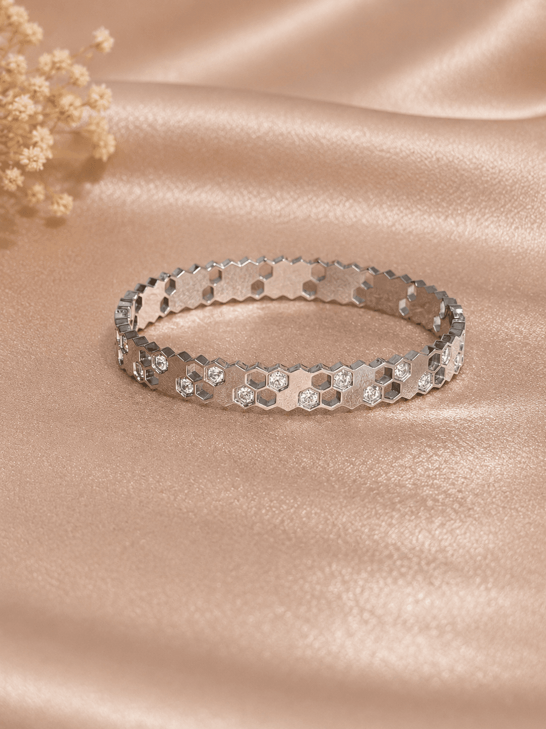Bracelet Jonc Nid d'Abeille Ajoure Cristal Argente