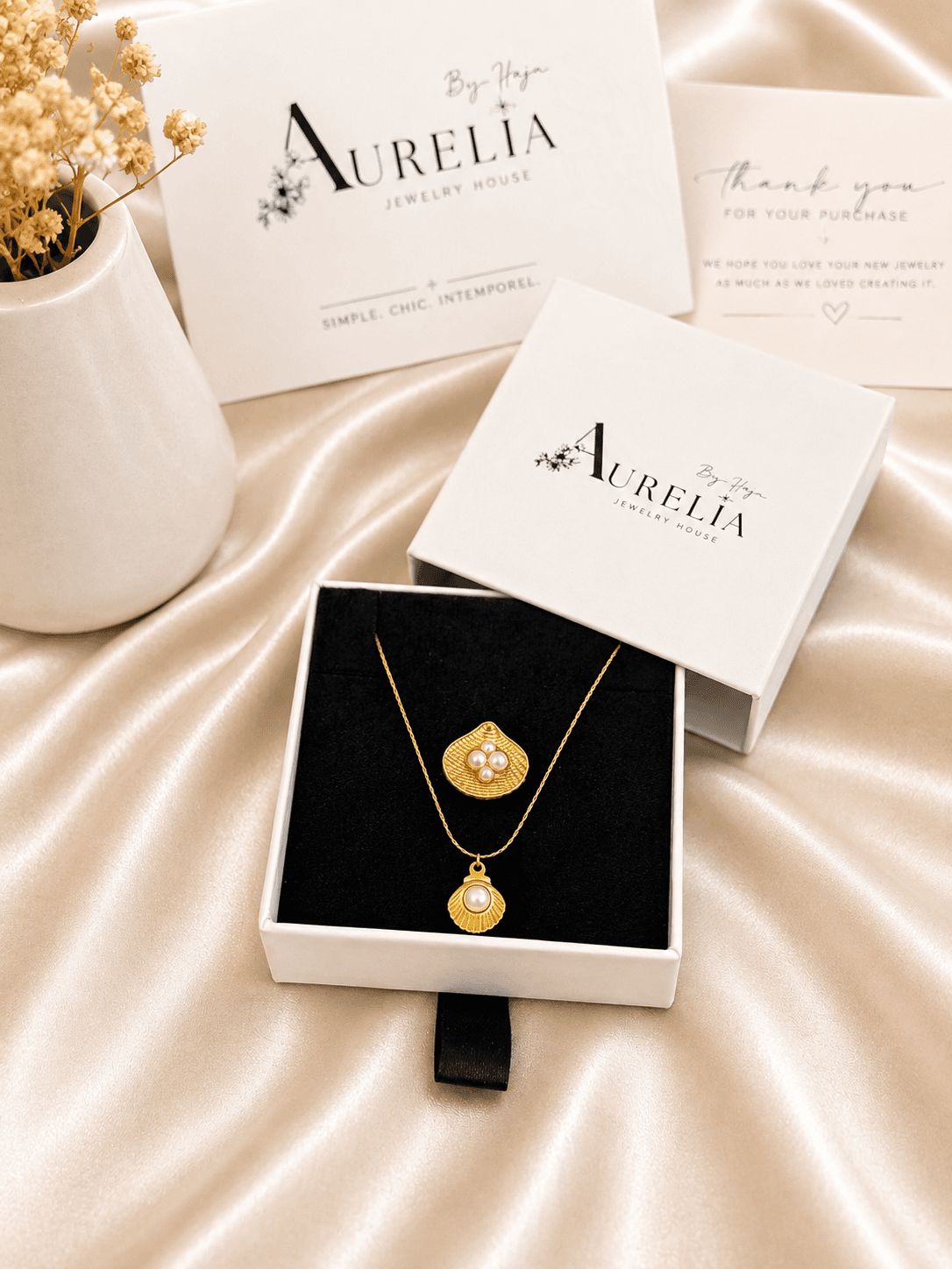 Parure Coquillage Perle Doree — bijou en acier inoxydable, Aurelia Jewelry House