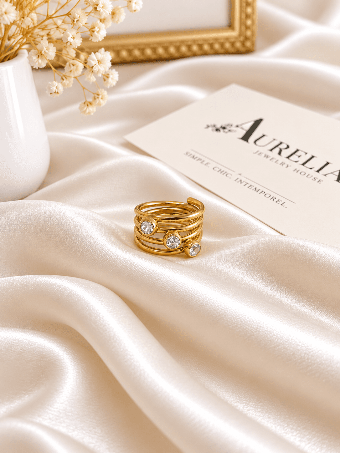 Bague Triple Anneau Trois Cristaux Doree — bijou en acier inoxydable, Aurelia Jewelry House