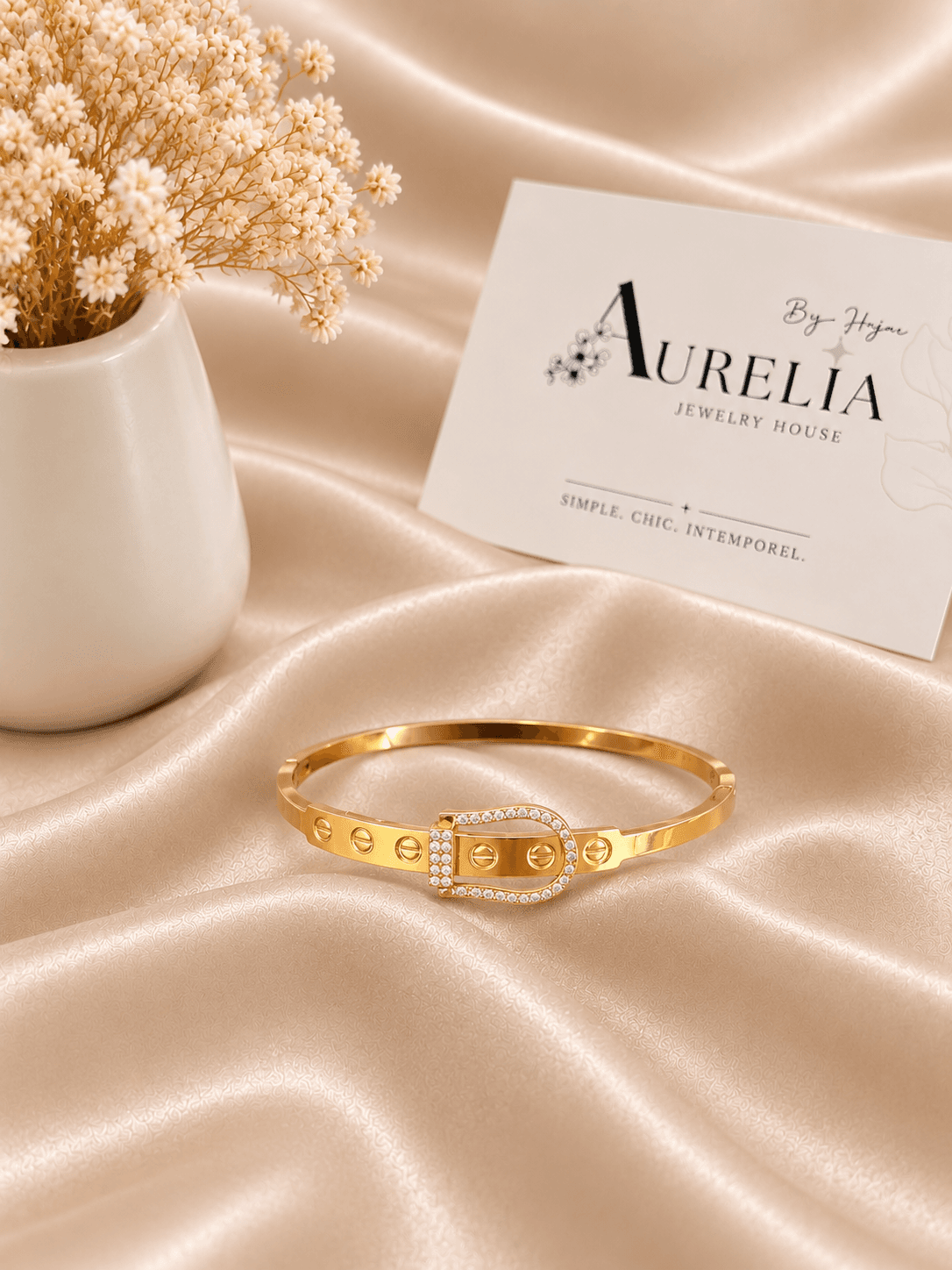 Bracelet Jonc Boucle Ceinture Cristal Dore — bijou en acier inoxydable, Aurelia Jewelry House