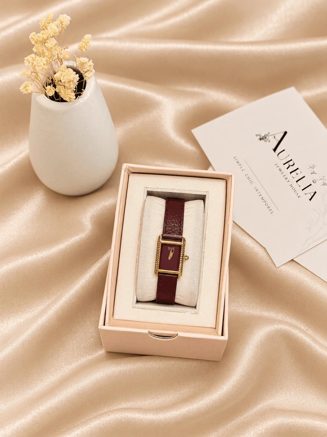 Montre IEKE Torsadee Cadran Bordeaux Bracelet Cuir Bordeaux — bijou en acier inoxydable, Aurelia Jewelry House