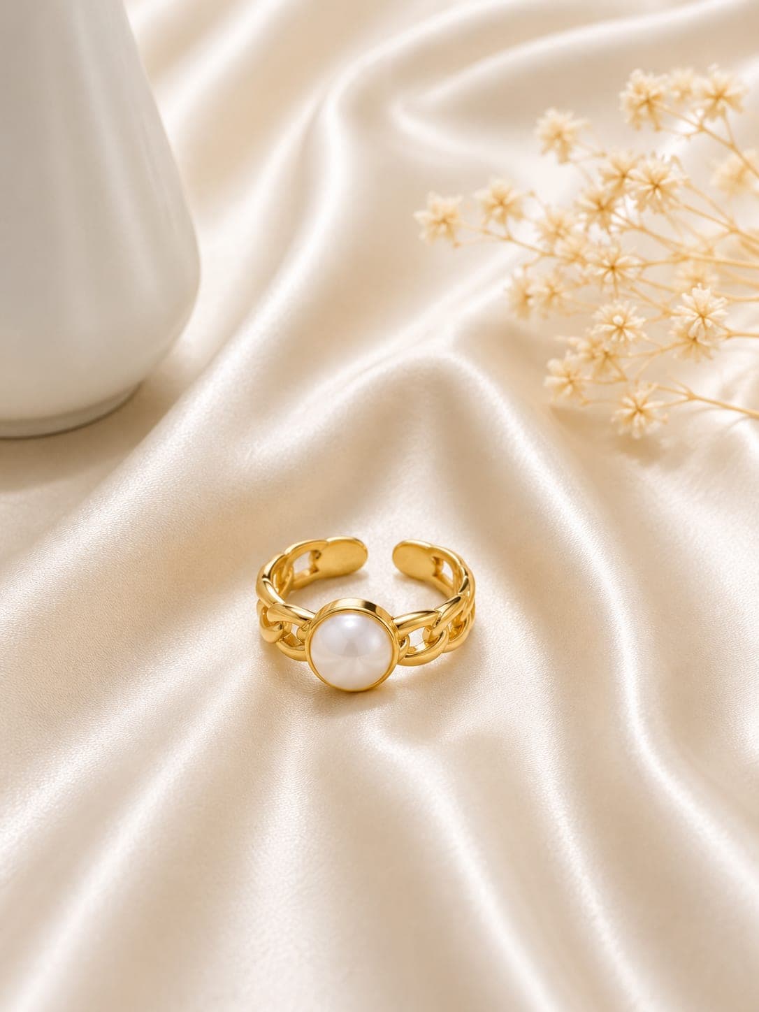 Bague Chaine Perle Naturelle Doree — bijou en acier inoxydable, Aurelia Jewelry House
