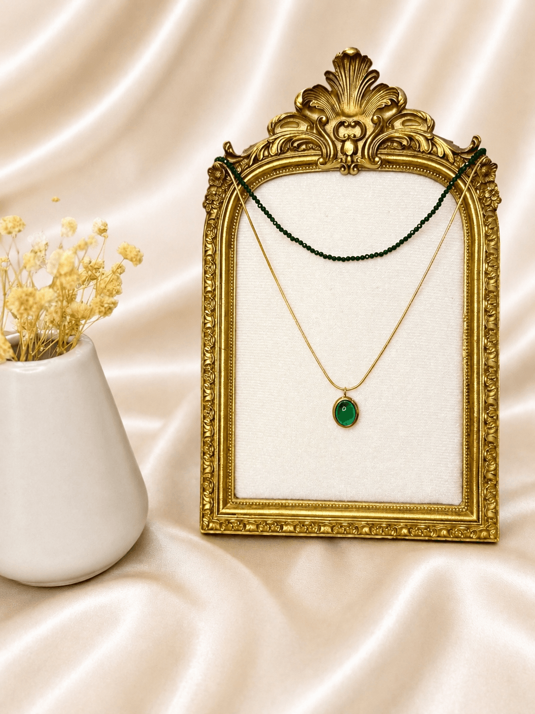 Ensemble Perles Fines et Ovale Vert — bijou en acier inoxydable, Aurelia Jewelry House