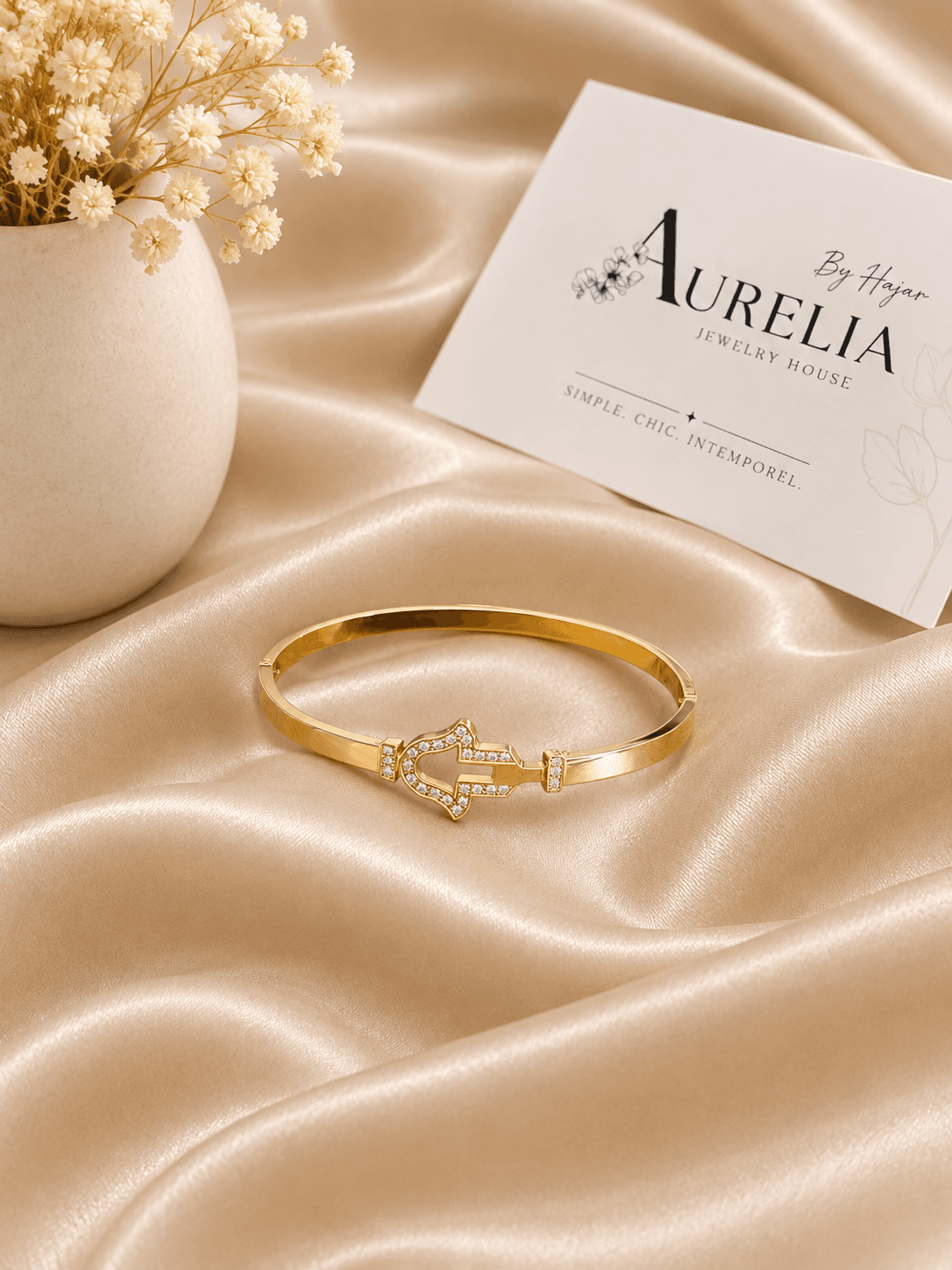 Bracelet Jonc Main de Fatma Cristal Dore — bijou en acier inoxydable, Aurelia Jewelry House