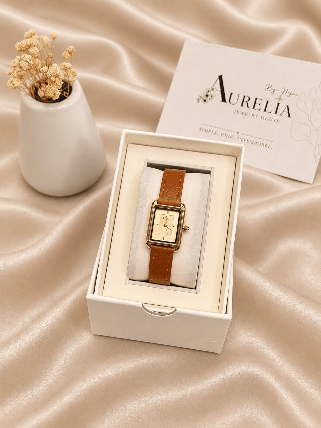 Montre IEKE Doree Cadran Dore Bracelet Cuir Camel — bijou en acier inoxydable, Aurelia Jewelry House