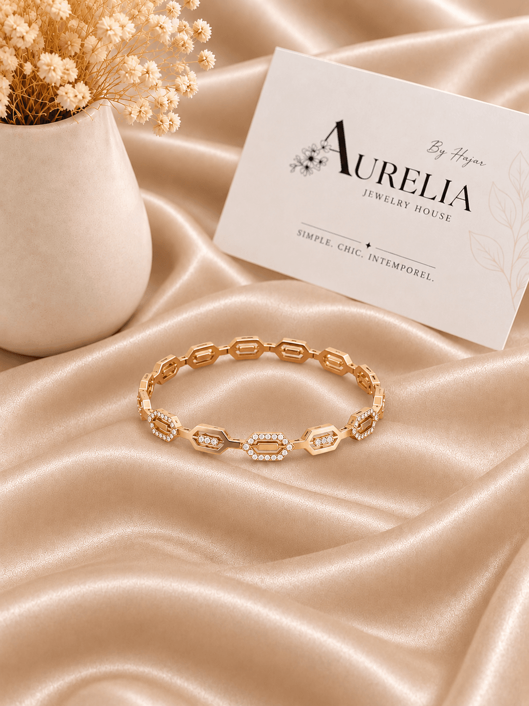 Bracelet Jonc Maillons Hexagones Cristal Or Rose — bijou en acier inoxydable, Aurelia Jewelry House