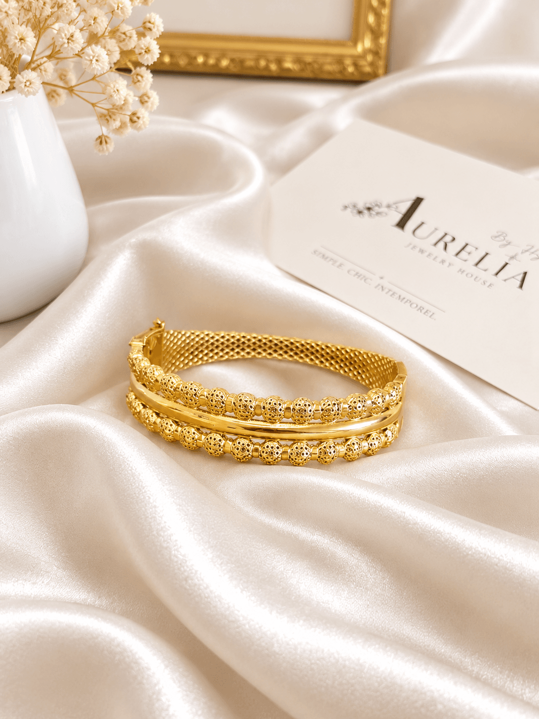 Bracelet Jonc Maille Perles Filigrane Dore — bijou en acier inoxydable, Aurelia Jewelry House