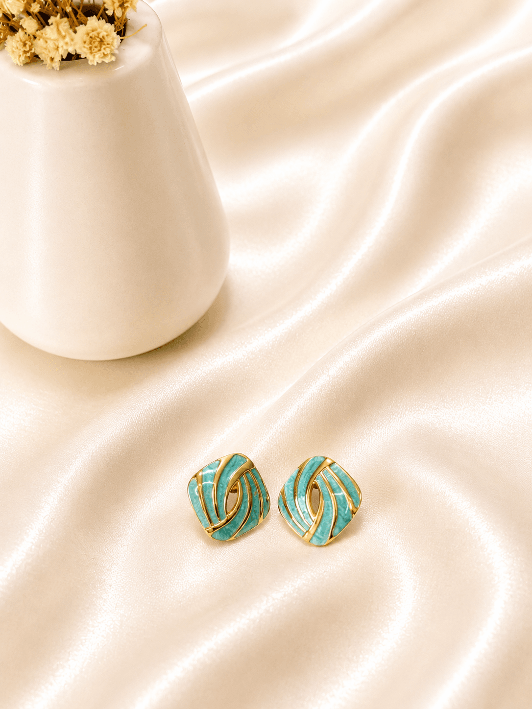 Boucles Carre Torsade Email Turquoise Doree — bijou en acier inoxydable, Aurelia Jewelry House
